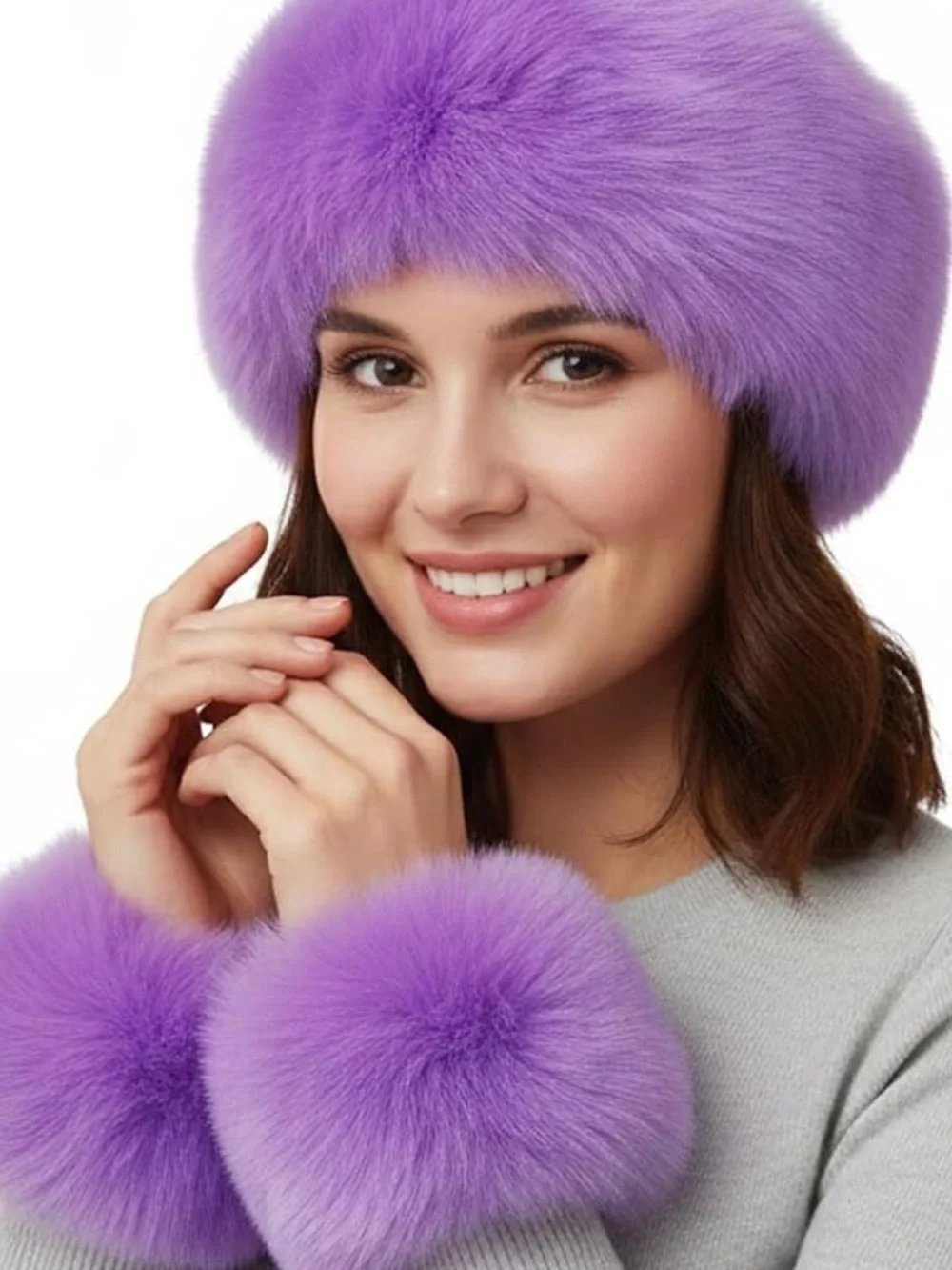 Pretty Plush Faux Fur Scrunchie headband and Wrist cuffs - Lavender Purple